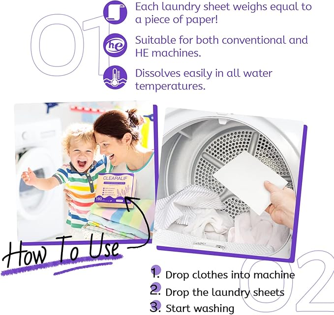 CLEARALIF Laundry Detergent Sheets, Lavender,Up to 480 Loads - Great For Travel,Apartments, Dorms,Laundry Detergent Strips Eco Friendly & Hypoallergenic (Pack of 3)