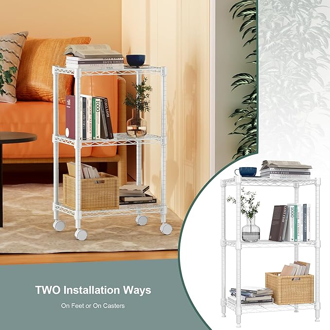 3 Tier Shelf Metal Storage Shelves Wire Rack Closet Organizers with Wheel for Garage Kitchen Bathroom Laundry White 11.8" D x 17.7" W x 29.8" H