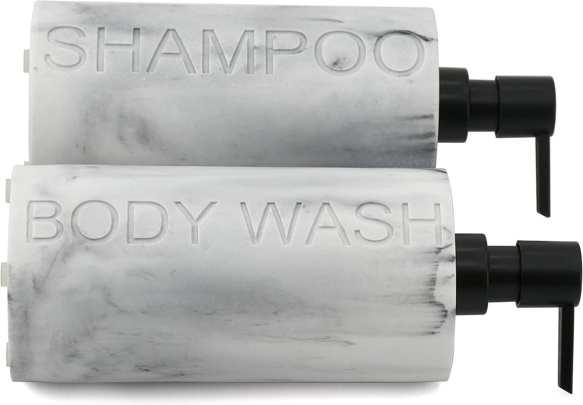 Marble Resin 2 Piece Shampoo and Body Wash Dispenser Set, Luxurious Refillable Pump Bottles with Matte Pump Top and Embossed Text, Durable Design for Bathroom and Shower