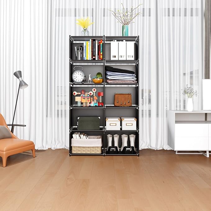 JIUYOTREE 6-Tiers Portable Bookshelf with Fabric Cloth at Back, 10 Cube Closet Storage Organizer Bookcase, Living Room,Study Room,Bedroom, Black