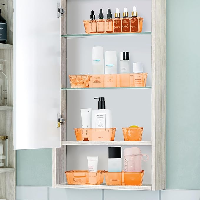 WOWBOX 25 PCS Plastic Drawer Organizer Set, 4 Sizes Desk Drawer Divider Organizers and Storage Bins for Makeup, Jewelry, Gadgets for Kitchen, Bedroom, Bathroom, Office, Clear Orange