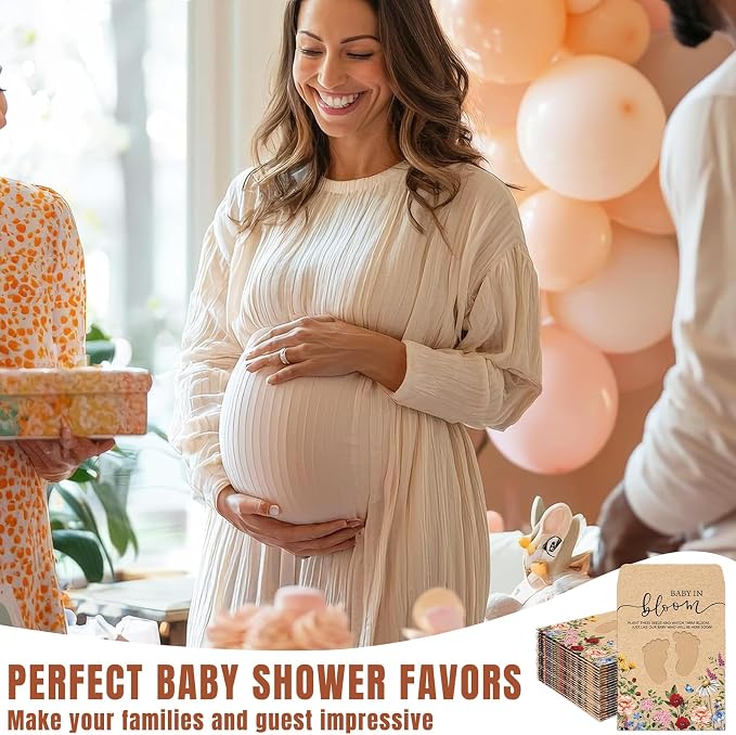 JarThenaAMCS 50Pcs Wildflower Baby Shower Seed Packets Self Adhesive Kraft Envelope with Footprint Window Vintage Floral Baby in Bloom Seed Storage Pockets for Gender Reveal Birthday(No Seeds)
