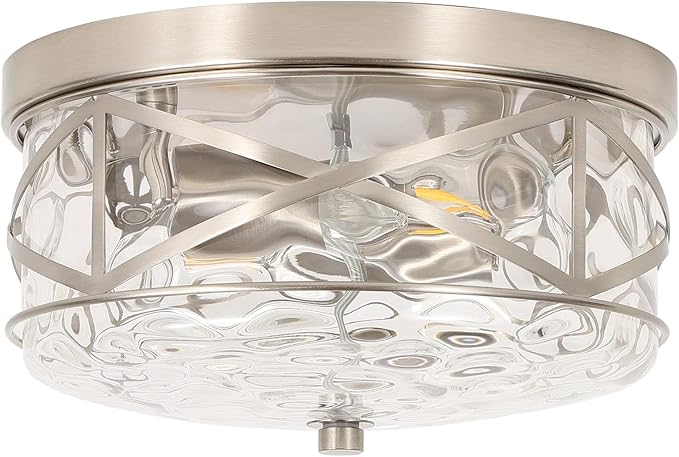 LamQee 9.8" Small Flush Mount Ceiling Light With Clear Hammered Glass, Brushed Nickel Hallway Light Fixtures Ceiling Mount for Bathroom, 2-Lights Farmhouse Close To Ceiling Light Kitchen Foyer Bedroom