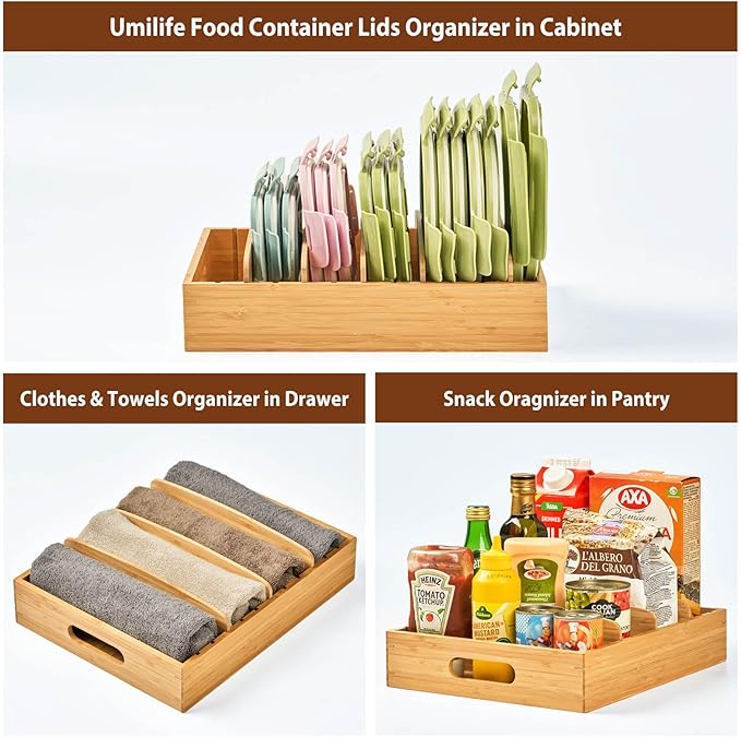 Umilife Kitchen Cabinet Organizer for Food Storage Container Lids, with Adjustable Dividers, Bamboo Drawer Caddy, Box for Kitchen Storage And Organization