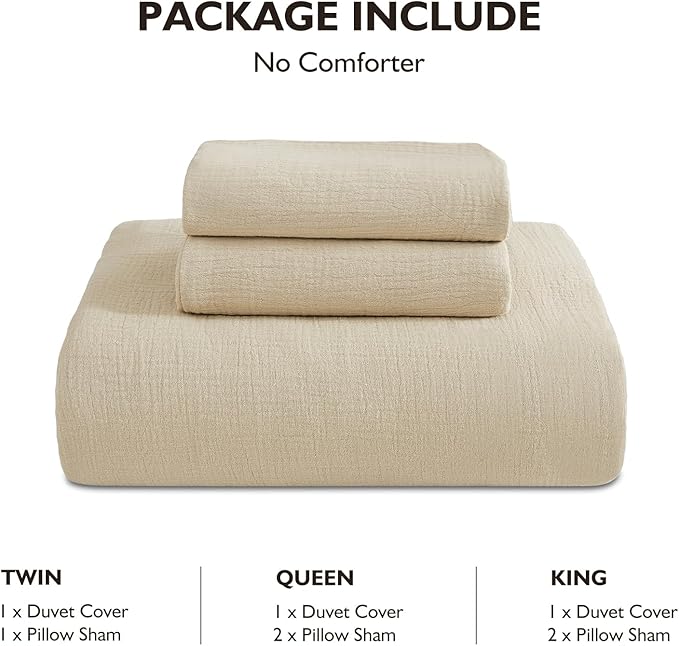 EMME Muslin Cotton Duvet Cover Set Twin Size Light Tan Linen Like Soft Breathable Lightweight Summer Comforter Cover Set with Zipper Closure (Light Tan, Twin, 68"x90")