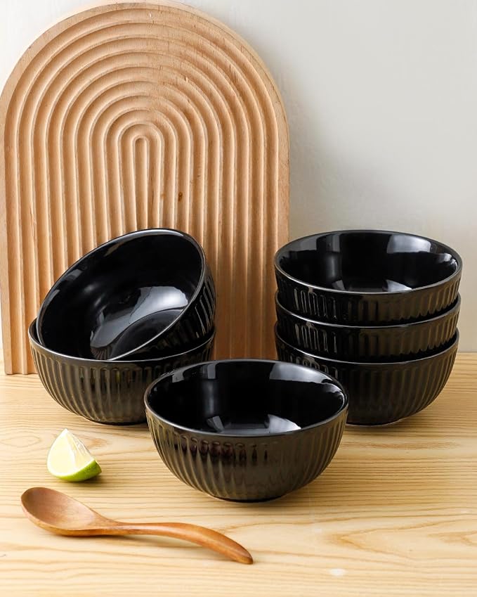 Hasense Soup Bowls Set Ceramic 24 Oz - 6 Inch Cereal Bowl Set of 6 for Kitchen,Modern Ribbed Black Porcelain Dishes for Entertaining,Soup,Oatmeal,Pasta,Cereal,Noodle - Dishwasher & Microwave Safe