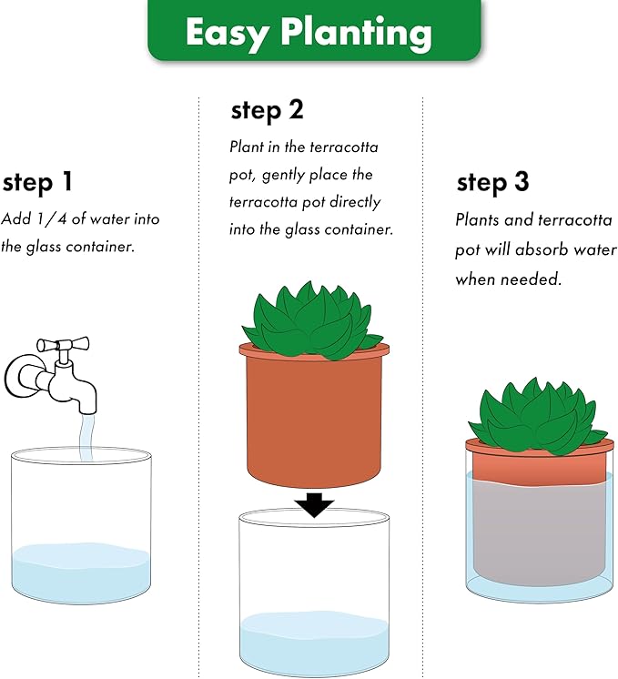 Phoenix Vine 4 Inch Self Watering Plants Pot, Design Terracotta Pot for Plants, Indoor Cylinder Terra Cotta Planter with Glass Vase, Set of 4, 51-A-E-4