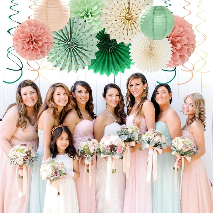 Sage-Olive Green Pink-Beige Boho Party-Decorations - 33pcs Birthday Streamers Tassel Garland,Banner Tissue Pom Poms,Paper Lantern Fans,Rustic Neutral Wedding Baby Bridal Shower Engagement Decor Hugtmr