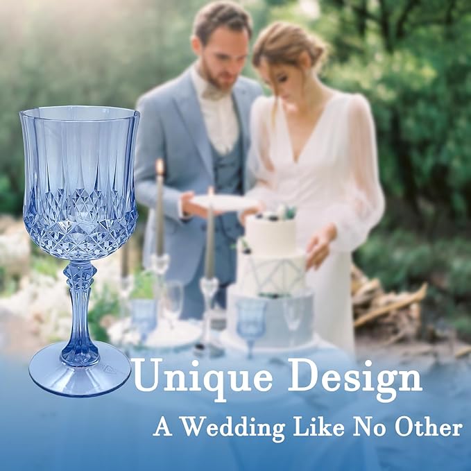Plastic Wine Glasses,Plastic Goblets Vintage Style Cordial Drinking Glasses for Wedding Reception, Grand Event Party Supplies (24, Blue)