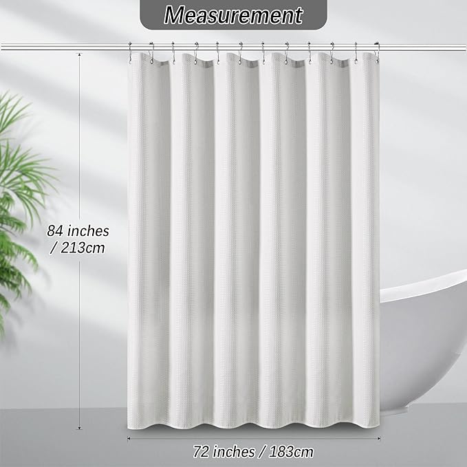White Shower Curtain for Bathroom 84 Inches Long, Waffle Textured Heavy Duty Extra Long Waterproof 256GSM Weighted Beige Shower Curtains with 12 Metal Hooks, 72Wx84H