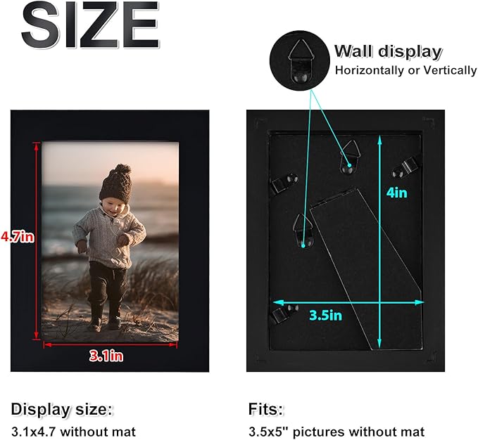 KINLINK 3.5x5 Picture Frames Black, Solid Wood Frames with Plexiglass for Table Top and Wall Mounting, Photo Frames for Horizontal or Vertical Display, 4 Pack