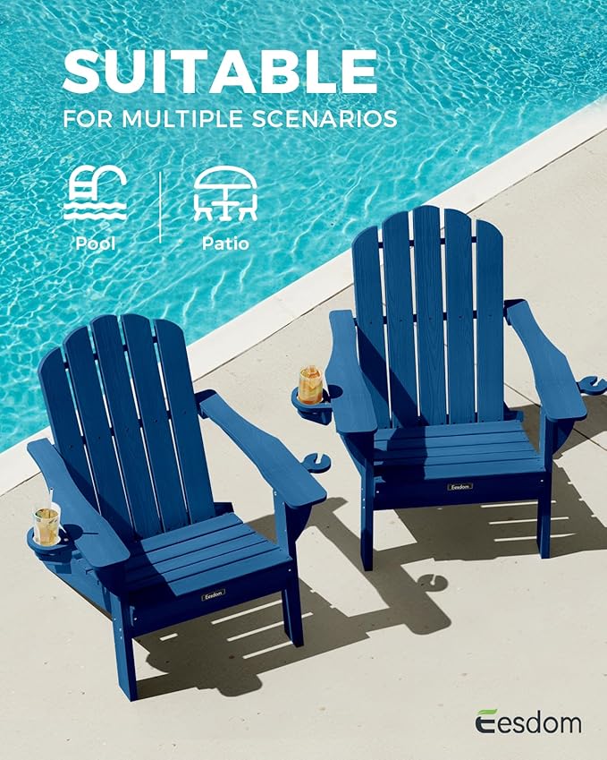 Folding Adirondack Chair,All-Weather HDPE Fire Pit Chair with 2 Cup Holders, Plastic Outdoor Chair for Patio Deck Garden Lawn, NavyBlue