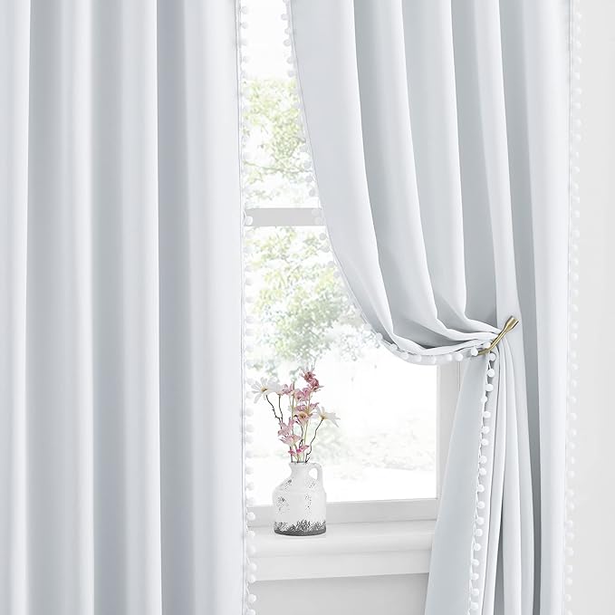 NICETOWN Pom Poms Trimming Blackout Curtains, Farmhouse Blackout Window