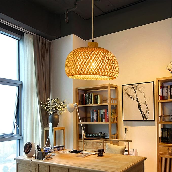 23.6inch Bamboo Rattan Pendant Light, Hand-Woven Wicker Boho Hanging Ceiling Light Fixture, Beige Pendant Lamp Rustic Farmhouse Chandelier for Kitchen Island, Dining Room, Bedroom, Living Room