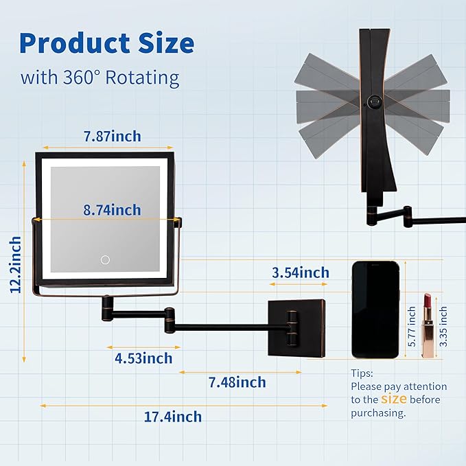 Ruacq Rechargeable Wall Mounted Makeup Mirror