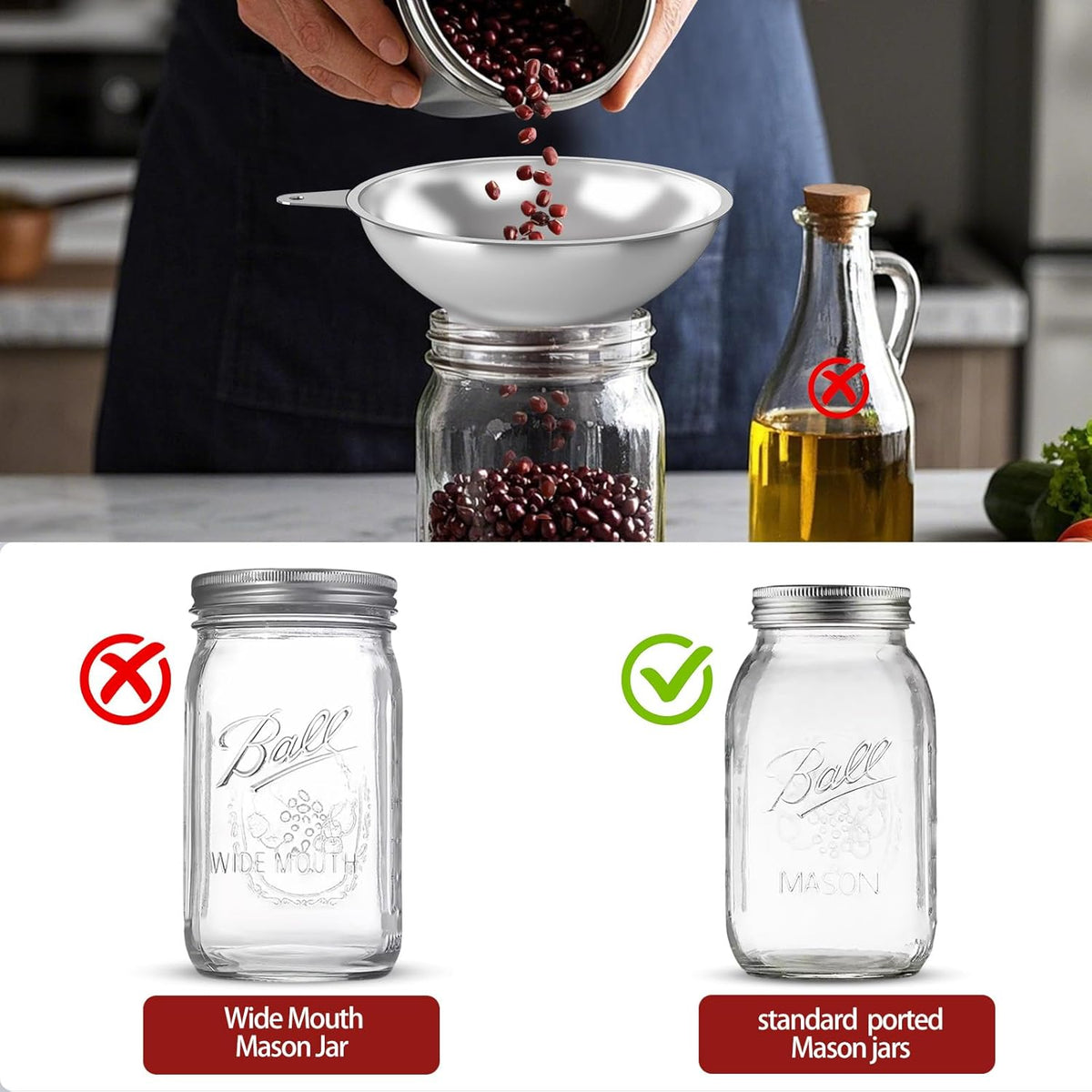 Standard Mason Jar Funnel with Strainer,Large Metal Funnel for transferring Milk, Juice, Oils, flavorings
