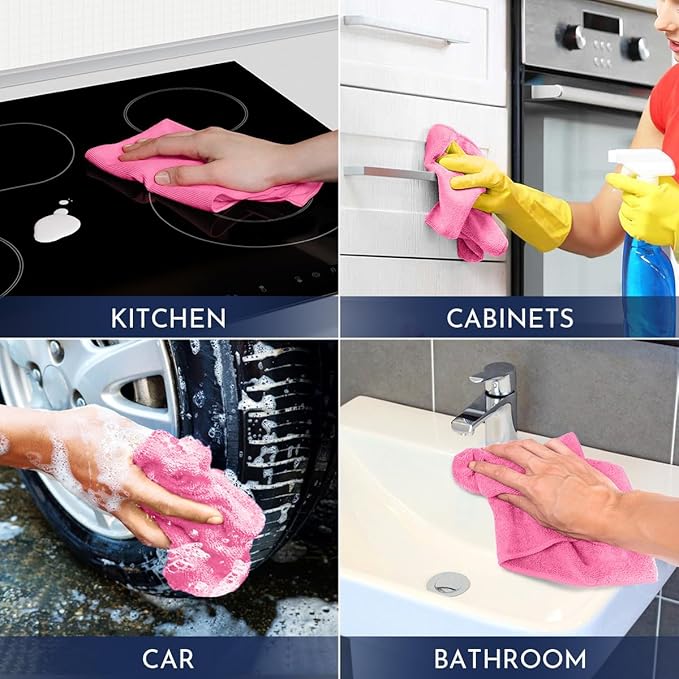 GLIMGLINT Pink Microfiber Cleaning Cloth, 12 Pack Cleaning Towels for Kitchen, Lint Free, Scratch-Free, Highly Absorbent, and Reusable Cleaning Rags for House, Window and Glass, Cars, 14"X12"
