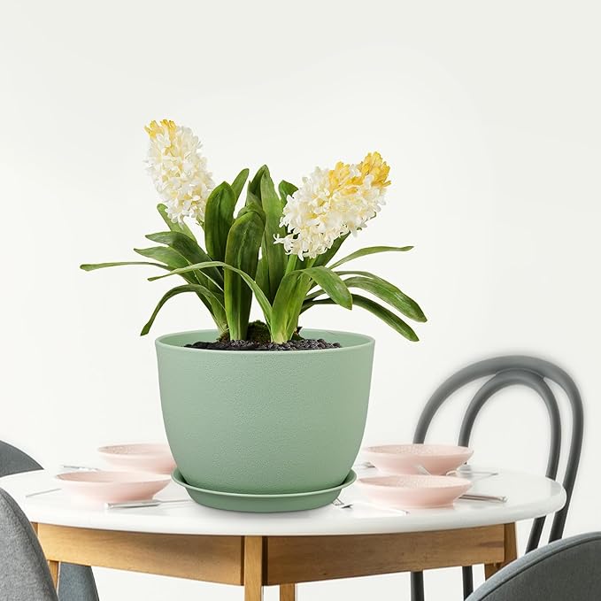 12 inch Big Plant Pots, Plastic Planters with Drainage Holes and Trays, Flower Pots for Indoor Outdoor Plants, Modern Decorative Pots for Garden House Plants, Green