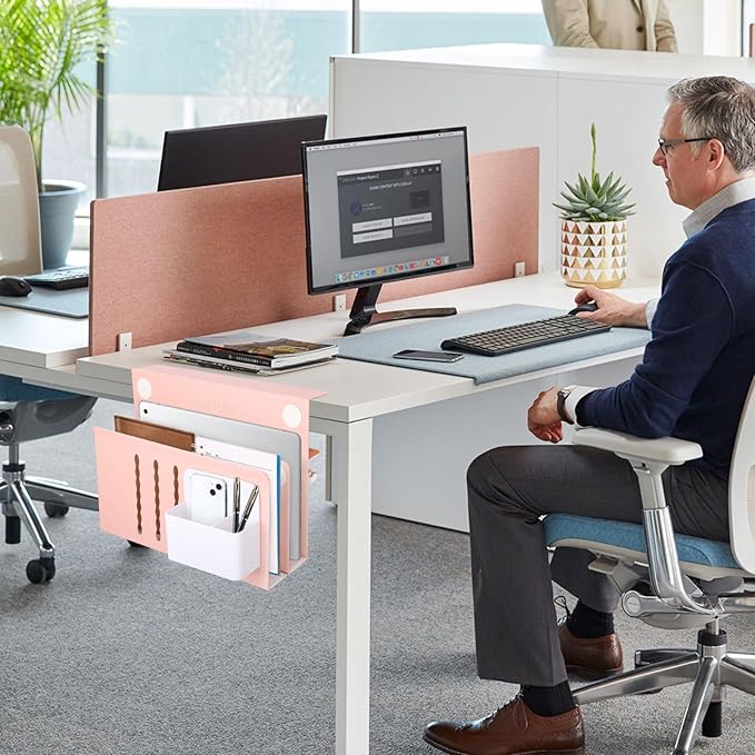 LUKETURE Desk Side Storage, 2 Tier Steel Hanging Organizer, No Drill Side Desk Organizer, Laptop Holder, with Pen Holder, Hanging Table Storage for Office Home, Fits Flat Edge Tables 0.3" to 2.8"