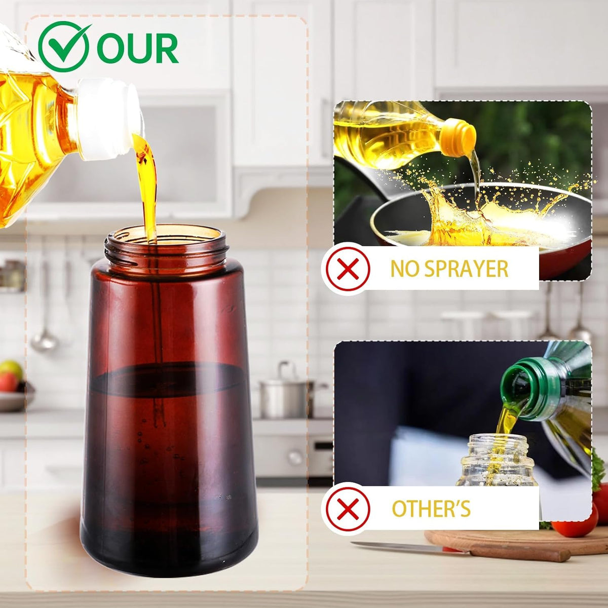 2-in-1 Glass Oil Dispenser & Sprayer - 16oz/470ml Leakproof Bottle for Cooking, Air Fryer, BBQ, Baking, Salad (Light-Blockage Black 2PC)