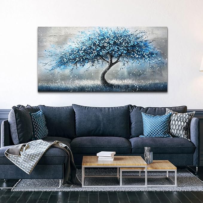 hyidecorart Wall Art Prints Abstract Canvas Painting Blue Tree Picture Panoramic Landscape Artwork Office Decor Modern Poster Ready To Hang Framed For Living Room Bedroom Home Decorations Wall Decor