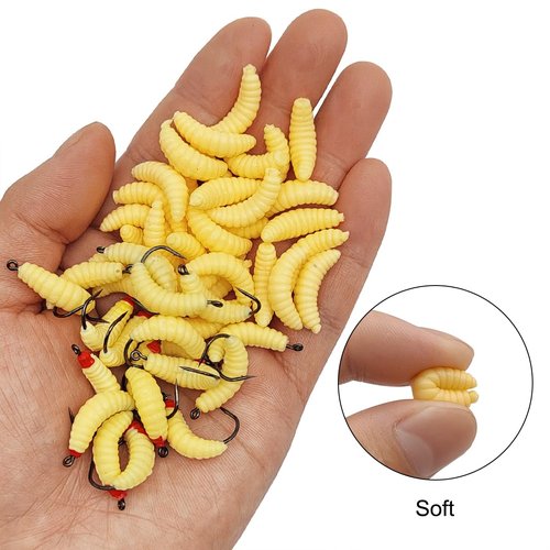 50 Pcs Rubber Maggots Fishing Bait, 20 Pcs Fishing Bait with Hooks + 30p Soft Maggot Bait Bread Worm, Fish Lures Worms Bulk Fishing Grubs for Trout, Crappie, Pan Fish, Bluegill, Fishing Lure Set