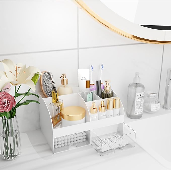 Makeup Organizer with Drawers, Cosmetic Storage for Dresser Vanity and Bathroom Countertop, Beauty Holder for Lipstick Brush, Skincare Organizer for Vanity, Cosmetic Display Case (White)