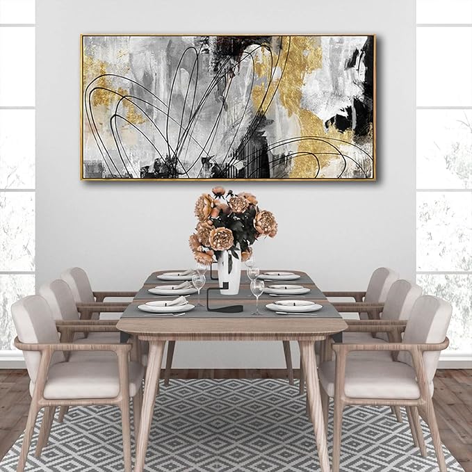 YJYart Abstract Wall Art Office Decor Gold Wall Decor for Living Room Black and White Artwork Line Art Frame Room Decor for Bedroom 24X48 Inch