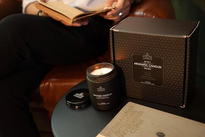 Scented Candles for Men - 200 Hours Burn Time in Gift Box & Protective Shipper - Men Candle Set x 4 - Cedarwood & Lavender/Bay Rum/Pine Tar/Smoke & Vanilla - Spotless Leopard