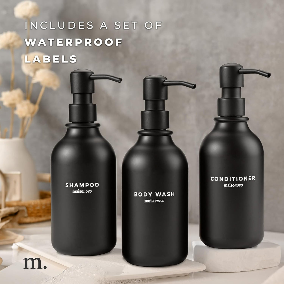 MaisoNovo Refillable Shampoo and Conditioner Bottles | 16.9 fl oz Set of 3 Black Plastic Bottles Black Pumps