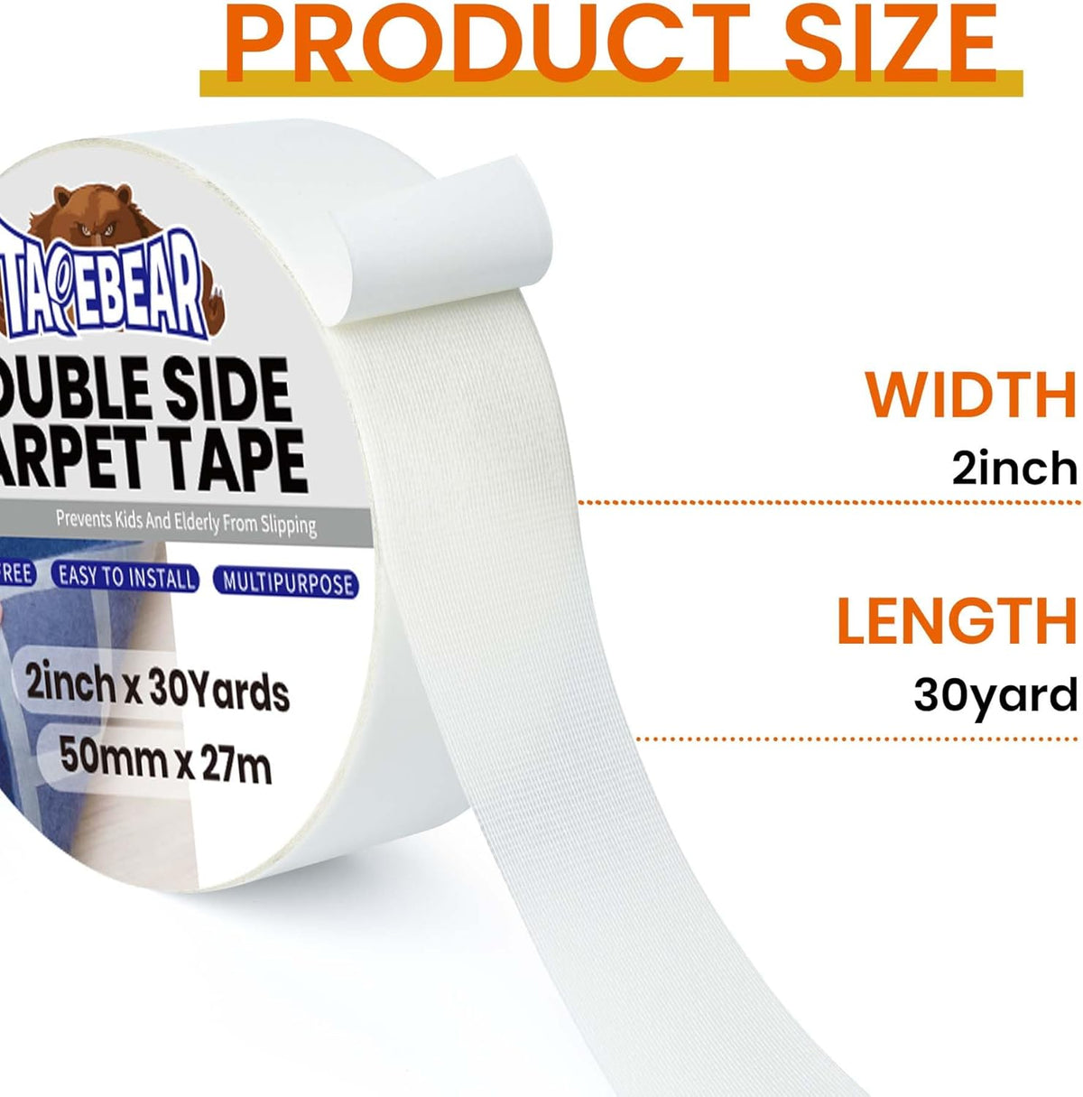 TAPEBEAR Carpet Tape Double Sided 2Inch x 30Yards, Heavy Duty Rug Gripper Anti Slip Anti Curling Floor Tape Residue-Free, Two Sided, Removable, Waterproof for Area Rugs, Mats, Strong Hold for Tile
