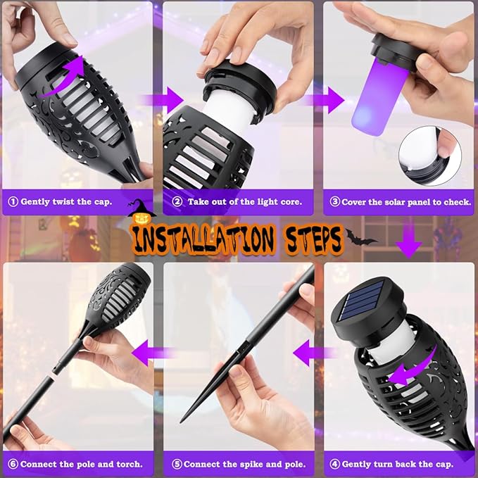 Outdoor Halloween Decorations, 10Pack Purple Flickering Flame Solar Torch Light for Yard Decorations, Waterproof Halloween Lights Outdoor, Solar Lights for Outside Decor Garden Patio Lawn Path Scary