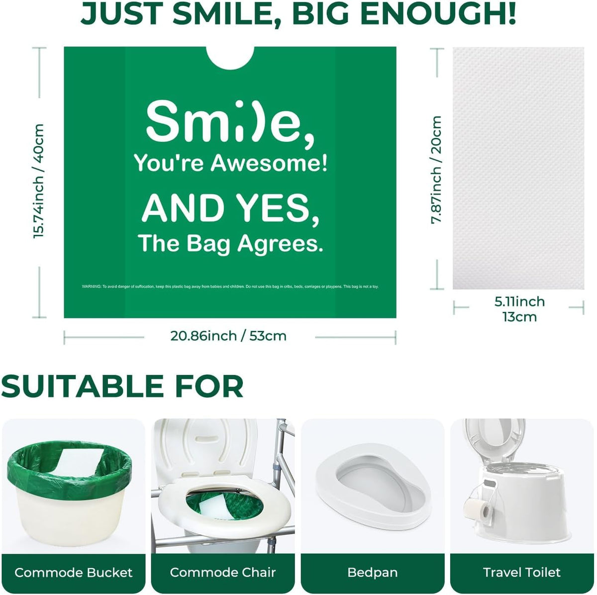 Commode Liners with Absorbent Pads, 120Pack Tear-free Leak-proof Bedside Commode Liners, Universal Disposable Commode/Bed Pan Liners for Bedside Commode, Standard Toilet, Chair Bucket(120Bags+120Pads)
