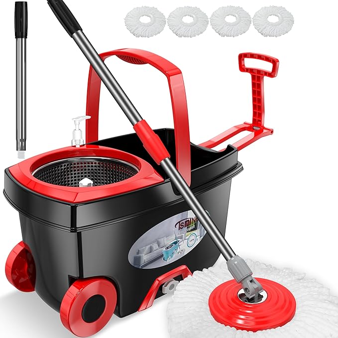 FunClean 360° Spin Mop and Bucket Set with Wringer, 4 Extra Microfiber Heads, 61" Extended Handle for Effortless Floor Cleaning, 2X Wheel Design - Black