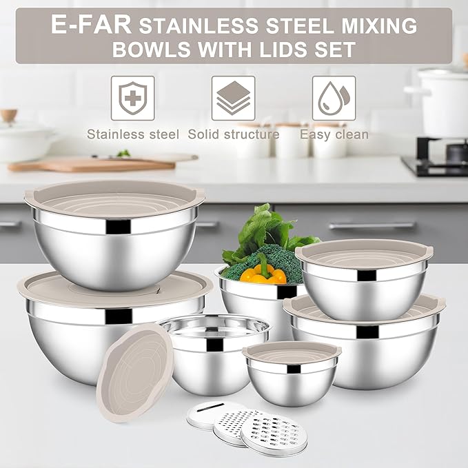 E-far Mixing Bowls with Lids Set, 7-Piece Stainless Steel Metal Mixing Bowls with Grater Attachments, Size 4.6, 3.5, 2.6, 2, 1.5, 1, 0.7QT, Nesting Design & Khaki Airtight Lids, For Cooking/Serving