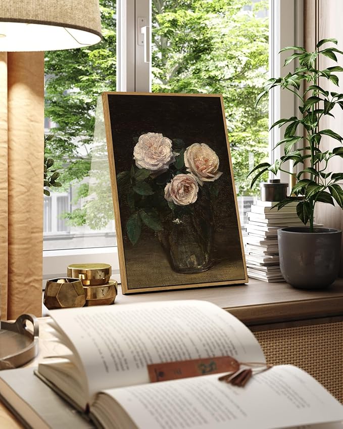 InSimSea Framed Wall Art for Living Room Large Canvas Wall ArtRoses in Glass Vase Vintage Flower Prints Classical Oil Painting Colorful Multicolor Farmhouse Wall Decor for Bedroom Office16x24in
