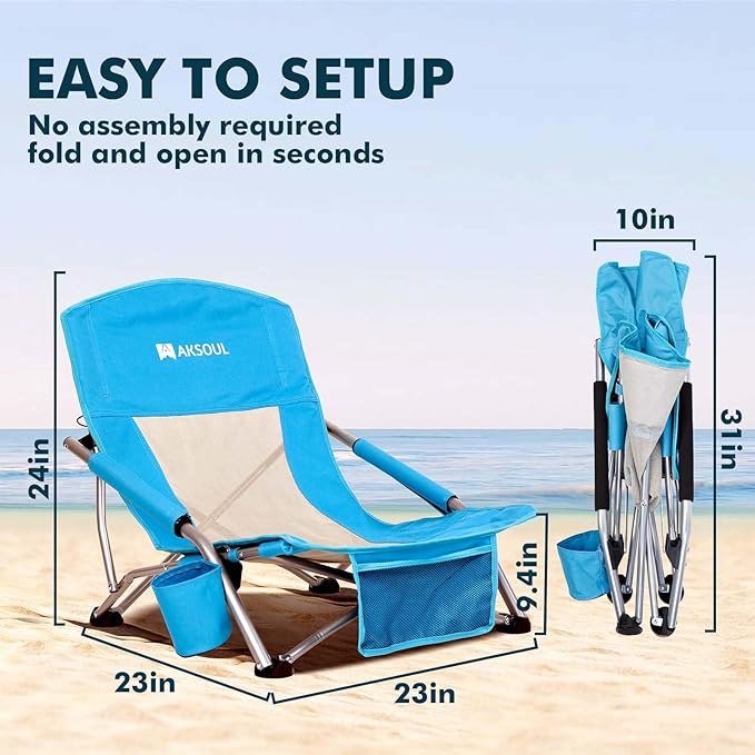 AKSOUL Folding Beach Chair for Adults: Low/High Back Chairs with Carry Bag - Extra Wide Seat Chair with Comfortable Pillow & Storage Pocket (1 Pack & 2 Pack, Blue)