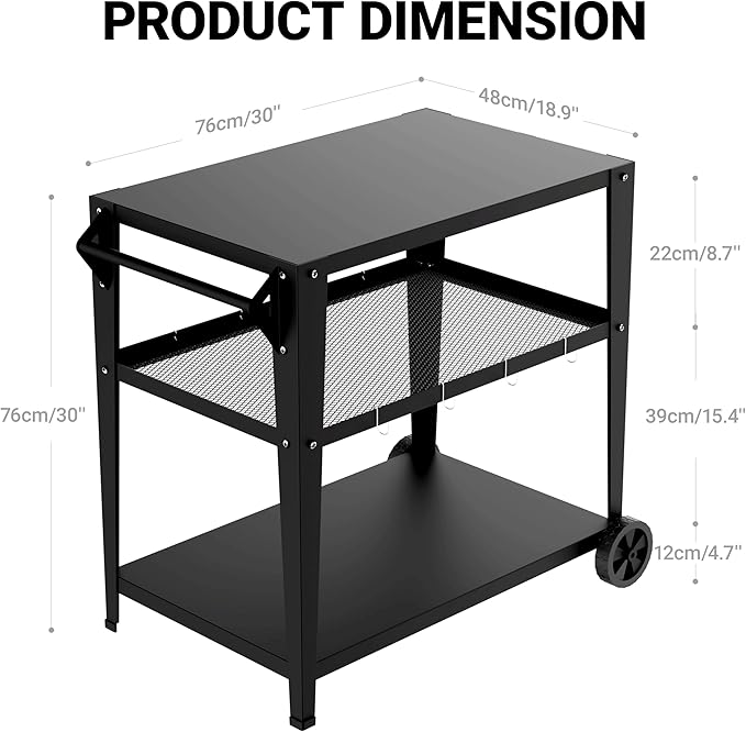 3-Shelf Outdoor Grill Table & Pizza Oven Cart with Wheels, Stainless Steel BBQ Prep Table with Hooks, Mobile Grill Stand for Blackstone (Black)