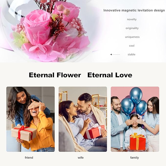 LoveLin Floral Preserved Rose Flowers with Bluetooth Speakers, 5W Magnetic Levitation Table Lamp with Variable Color LED Light, Unique Forever Flower Gift for Women, Girls, Mother and Grandma