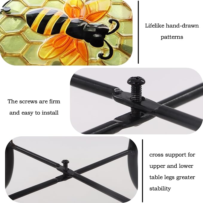 Bee Patio Side Table, Small Patio Outdoor Side Table, Plant Table,Metal Glass End Table for Porch Garden Yard Pool.
