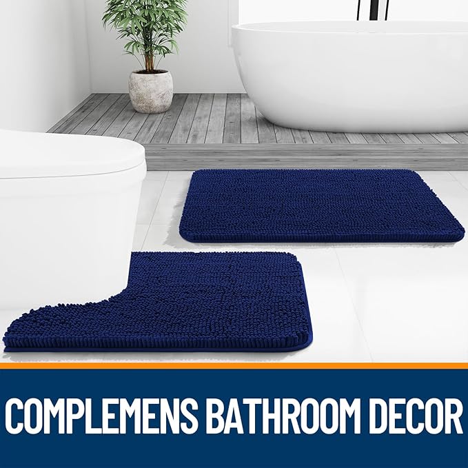 OLANLY Bathroom Rugs 40x24, Extra Soft Absorbent Chenille Bath Rugs, Rubber Backing Quick Dry, Machine Washable Bath Mats for Bathroom Floor, Tub and Shower, Home Decor Accessories, Navy