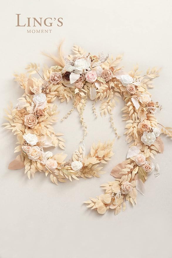 Ling's Moment 9FT Flower Garland for Backdrop Decorations - Wedding Arch Flowers, Eucalyptus & Rose, Artificial Floral Garland for Mantel - Sweetheart Table Decor for Ceremony Reception, White & Beige