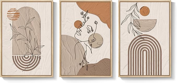 Framed Earth Tone Boho Abstract Wall Art Bedroom, 3 Piece Neutral Modern