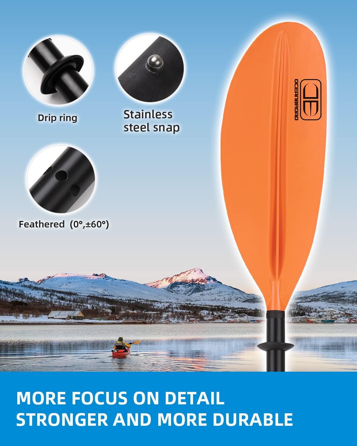 OCEANBROAD Kayak Paddle - Lightweight Alloy Shaft | 86in, 90.5in, 95in Lengths with Paddle Leash