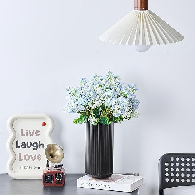 Black Ceramic Flower Vase for Pampas Grass, 8 inch Small Decorative Centerpiece Ribbed Vase for Dining Table, Office Desktop, Shelf Bookshelf, Mantel, Entryway, Bathroom, Countertop, Farmhouse, Gift