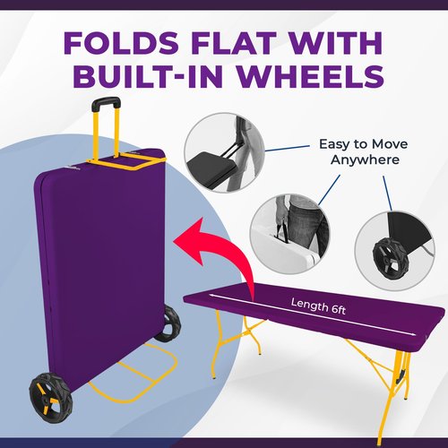 6Ft Rolling Folding Table with Built-in Wheels, Durable Plastic, Team Colors, Easy to Carry, Perfect for Camping, Picnic, Tailgating, Party, Indoor/Outdoor Use (Single Table, Purple/Yellow)