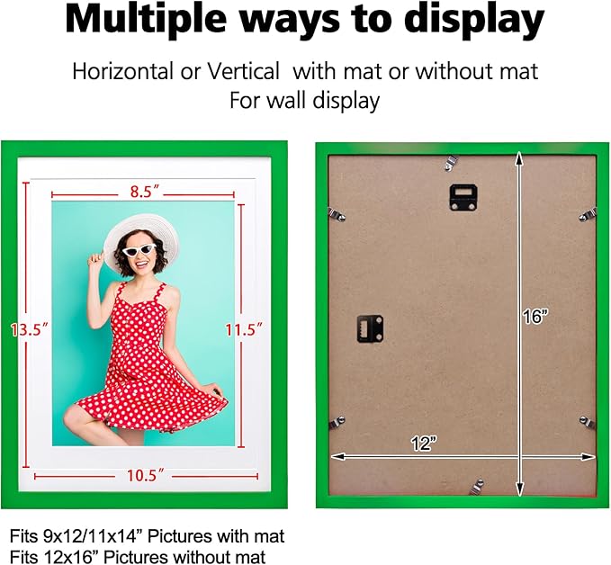 KINLINK 12x16 Picture Frame Grass Green, Solid Wood Frames with Acrylic Plexiglass for Pictures 11x14/9x12 with Mat or 12x16 without Mat, Wall Display Photo Frame, 4 Pack