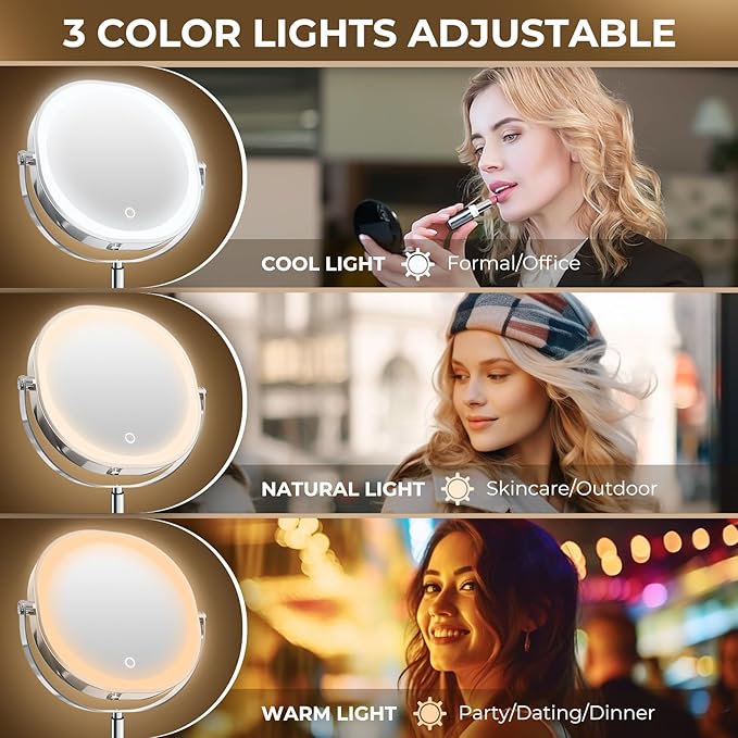 9" Wall Mounted Lighted Makeup Mirror, 3000mAh Rechargeable Double Sided 1X/10X Magnifying Mirror with Hook, 3 Color Lights Dimmable 360° Rotation Vanity Mirror for Bathroom