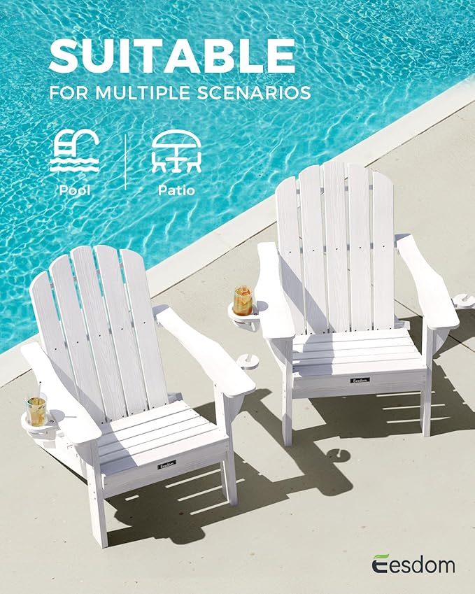 Adirondack Chairs Set of 2, Wood Texture Fire Pit Chairs, Plastic Adirondack Chairs with 2 Cup Holder, Outdoor Lawn Chair for Patio Garden, White