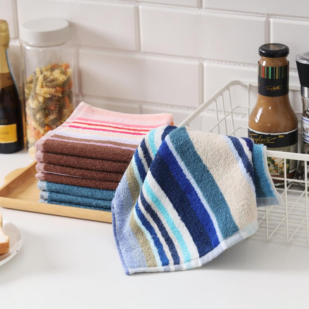Oeleky Kitchen Dishcloths for Washing Dishes, Ultra Absorbent Dish Rags, Cotton Cleaning Cloths Pack of 8, 12x12 Inches (Wide Stirpe, 12x12 inch)